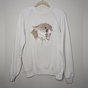 Lee Womens White Vintage Hand Painted Mountain Lion Graphic Sweater XL